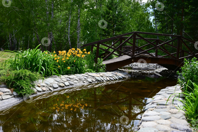 Скачать Уютный сад с декоративным озером и мостиком летом. фотосток Ozero
