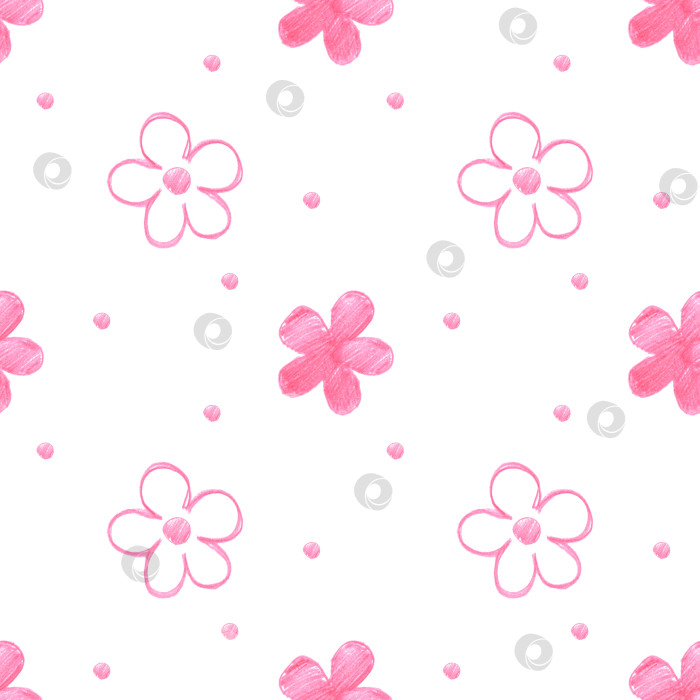 Скачать Бесшовный узор из примитивных розовых контурных цветов. Иллюстрация, нарисованная цветным карандашом от руки. Для оформления фона, блокнотов, текстиля фотосток Ozero
