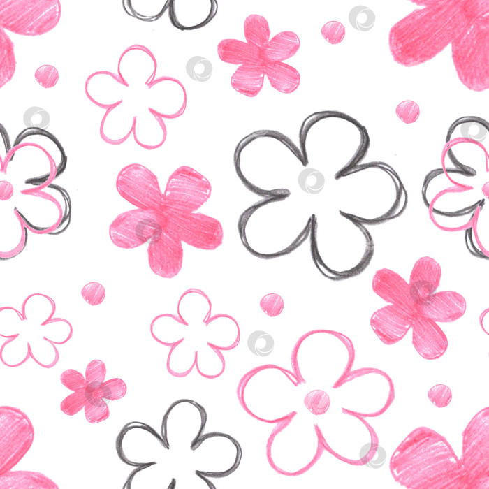 Скачать Цветочный бесшовный узор. Розовые и черные примитивные цветы. Имитация детского рисунка. Иллюстрация, нарисованная цветным карандашом от руки. Для оформления фона, блокнотов, текстиля фотосток Ozero