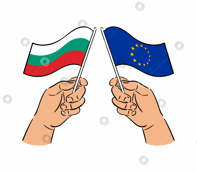 Скачать Болгария принимает евро в качестве своей официальной валюты, становясь 21-м государством - членом Европейского союза. Две руки с флагами. Векторная иллюстрация в стиле эскиза. иллюстративная редакционная статья фотосток Ozero