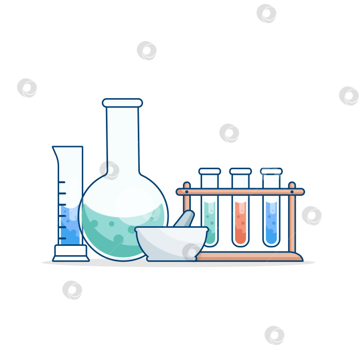 Скачать Колбы с круглым и плоским дном, пробирки с растворами и реактивами. Лабораторная посуда. Химическая реакция. фотосток Ozero