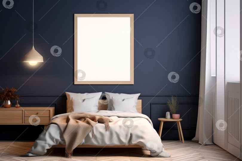 Скачать Интерьер спальни в скандинавском стиле с пустой белой рамкой для макета, висящей на темно-синей стене над кроватью фотосток Ozero