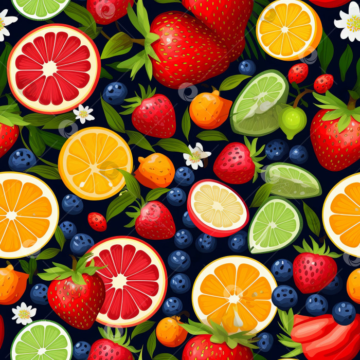 Скачать Яркий и красочный бесшовный узор с изображением ассортимента спелых и сочных фруктов и ягод, таких как клубника, черника, апельсины, грейпфрут и лайм, на темном фоне фотосток Ozero