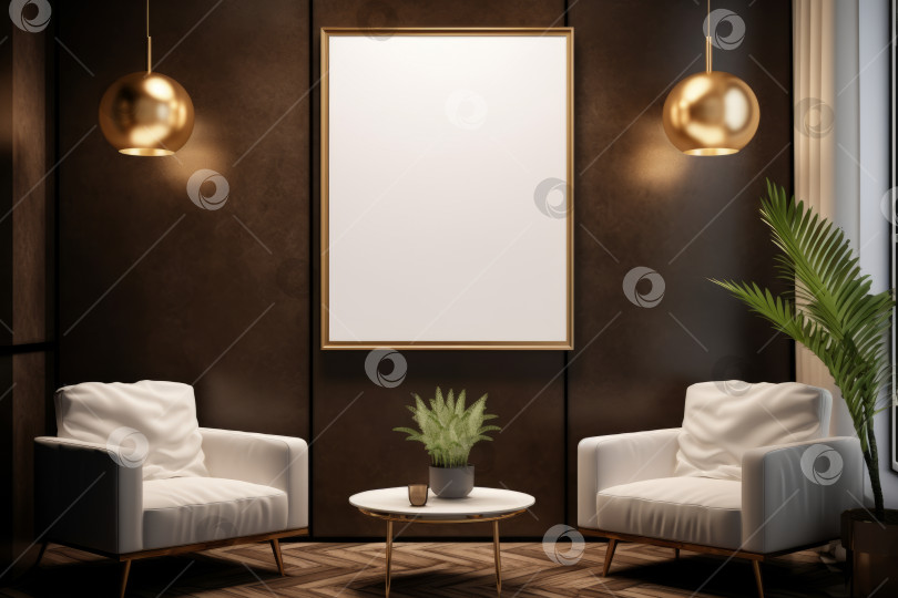 Скачать Интерьер гостиной в современном роскошном стиле с белым пустым холстом для макета, висящим на темной стене над креслами и столом фотосток Ozero