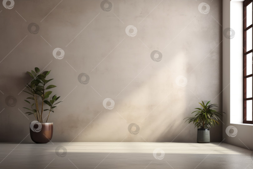 Скачать Интерьер пустой комнаты в минималистичном стиле гранж с комнатными растениями в горшках и глухой бетонной стеной для макета, монтажа, копирования пространства фотосток Ozero