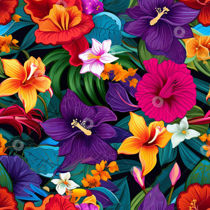 Скачать Яркий и красочный бесшовный узор с изображением разнообразных тропических цветов, таких как гибискус, плюмерия и орхидеи фотосток Ozero
