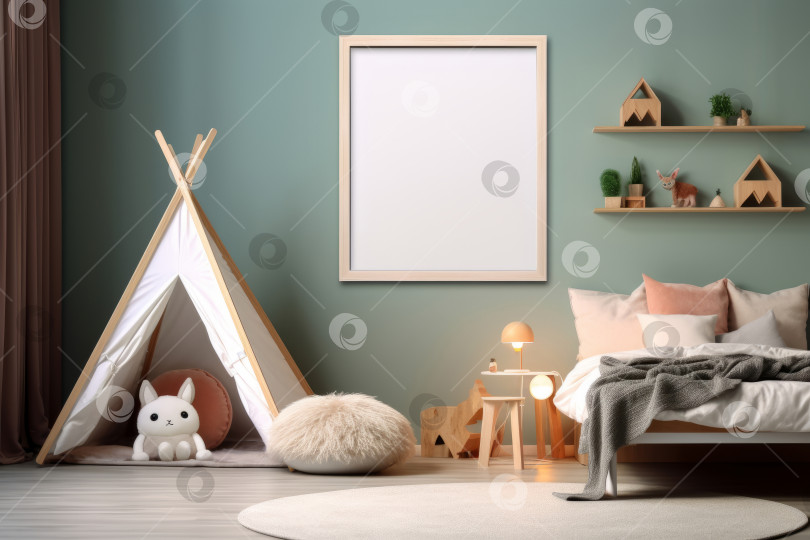 Скачать Интерьер детской комнаты в современном стиле с пустым белым плакатом для макета, висящим на стене фотосток Ozero