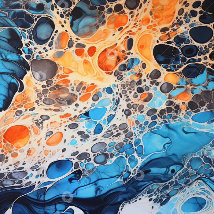 Скачать Абстрактная динамичная иллюстрация разноцветной жидкости и органических форм, напоминающая текущую воду или расплавленную лаву.  Художественная печать фотосток Ozero