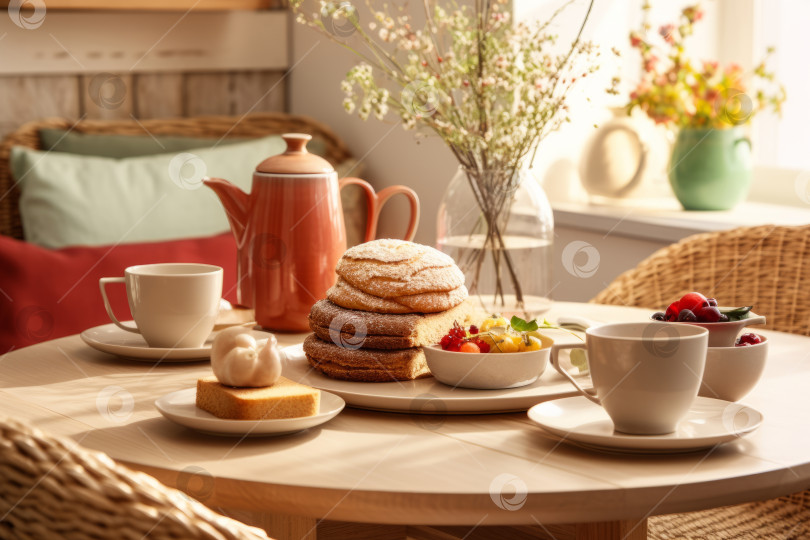 Скачать Безмятежная и успокаивающая композиция, демонстрирующая уютный стол, накрытый на полезный завтрак, включающий цельнозерновой хлеб, свежие фрукты и чашку чая фотосток Ozero