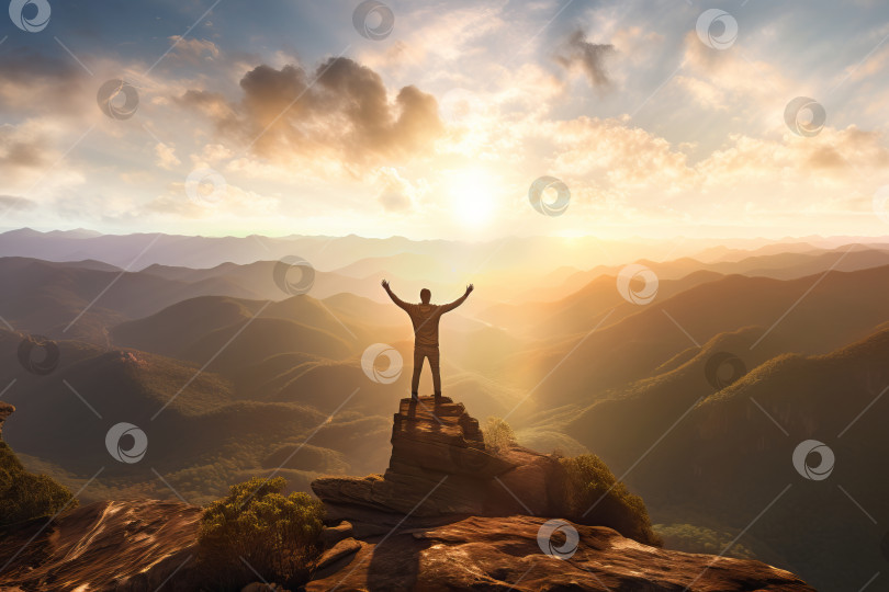 Скачать Панорамный вид человека, стоящего на вершине горы на фоне восходящего солнца фотосток Ozero