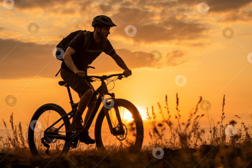 Скачать Мужчина на велосипеде едет по полю на фоне заката фотосток Ozero