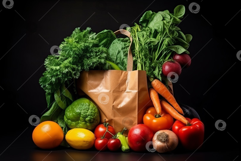 Скачать Свежие овощи в бумажном пакете на черном фоне фотосток Ozero