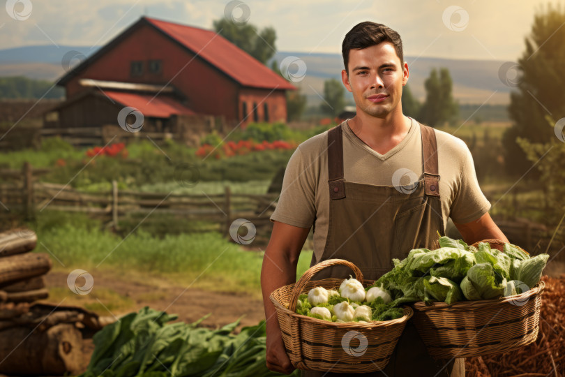 Скачать Фермер с корзиной, наполненной органическими овощами, на фоне деревенской фермы фотосток Ozero