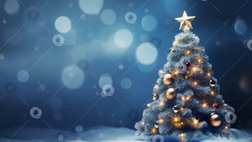 Скачать Рождественская елка с украшениями спереди на синем фоне с праздничными огнями боке, баннер, место для копирования фотосток Ozero