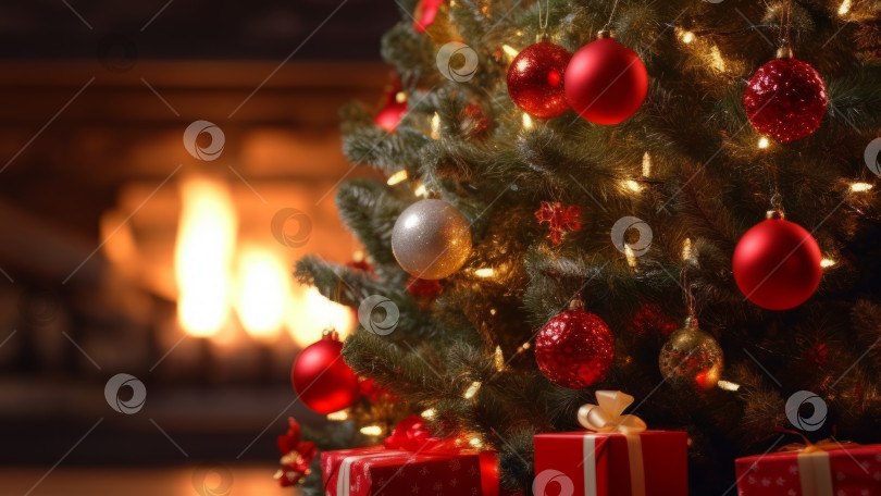 Скачать Рождественская елка с украшениями и подарками перед камином в размытом виде. Выборочный фокус, малая глубина резкости фотосток Ozero