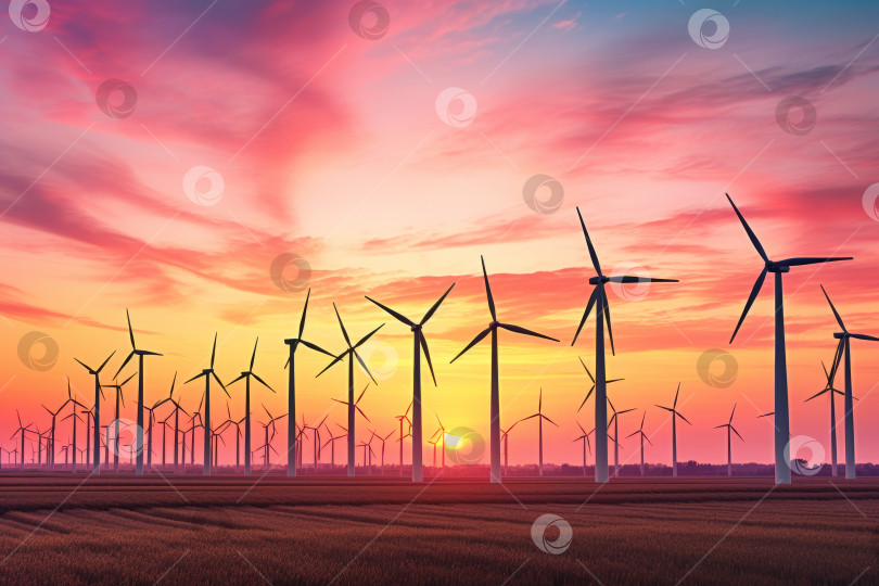 Скачать Ветряная электростанция на закате, с рядами ветряных турбин, стоящих на фоне разноцветного неба фотосток Ozero