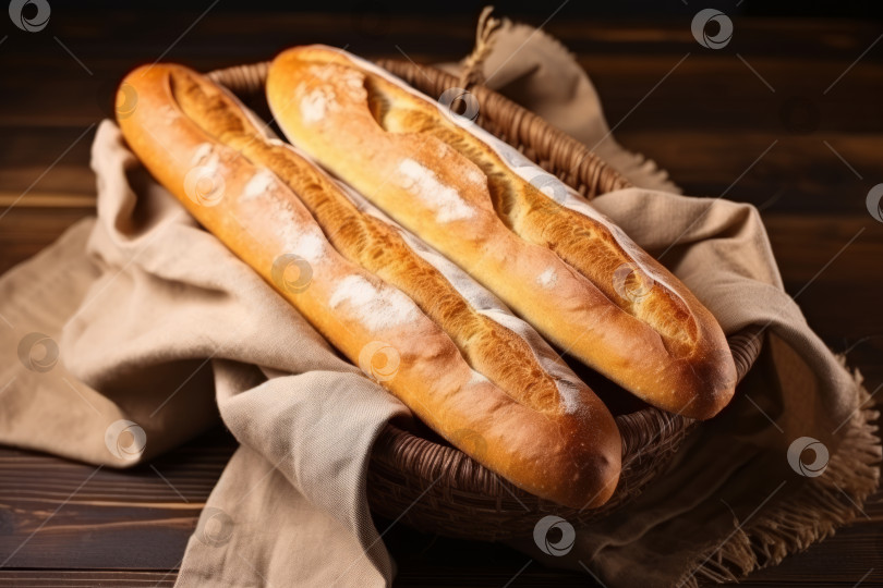 Скачать Крупный план свежеиспеченных багетов с хлебом в корзинке на деревянном столе фотосток Ozero