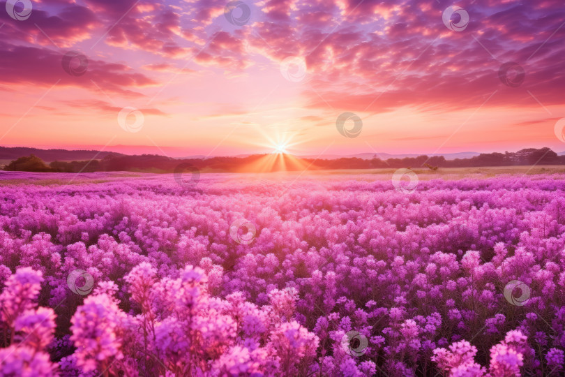 Скачать Закат над полем фиолетовых цветов. Фон, пространство для копирования, обои фотосток Ozero