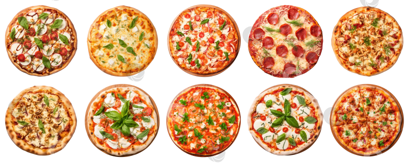 Скачать Вид сверху на набор различных видов свежей вкусной пиццы, выделенных на прозрачном фоне фотосток Ozero