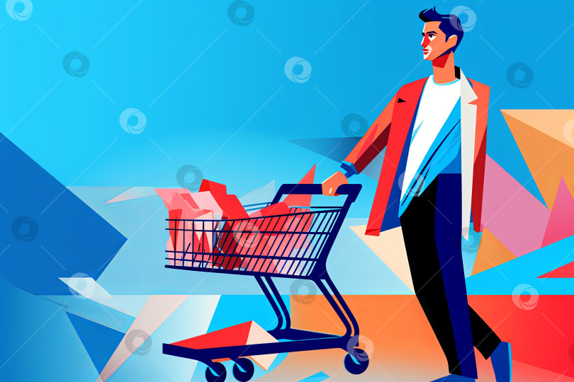 Скачать Потребитель с корзиной покупок в супермаркете, однотонный светло-голубой фон, иллюстрации в стиле графического дизайна, фигуры с цветными блоками фотосток Ozero