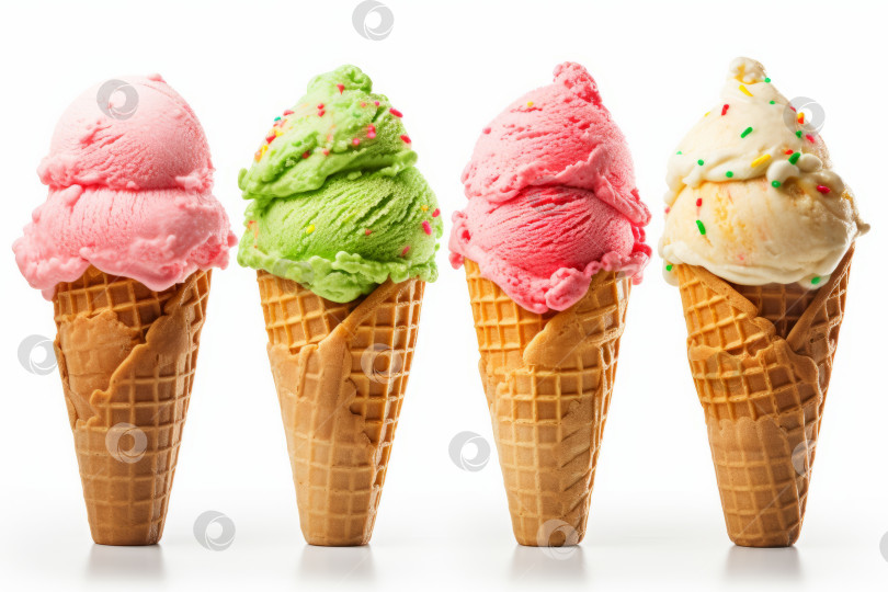 Скачать Крупный план набора разноцветных шариков свежего, вкусного мороженого в вафельных рожках на белом фоне фотосток Ozero