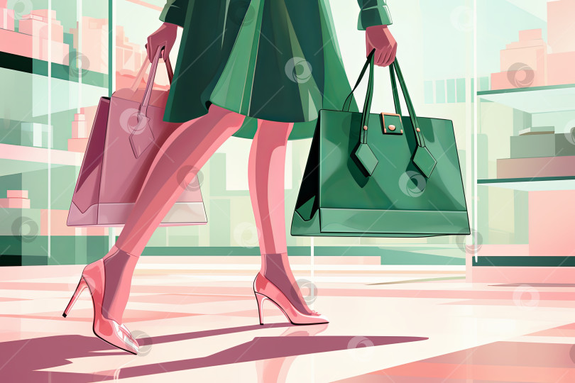 Скачать Иллюстрация красивых женских ног, идущих по торговому центру с сумками фотосток Ozero
