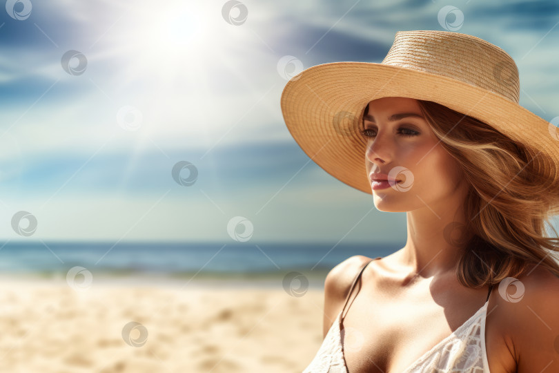 Скачать Портрет красивой молодой женщины крупным планом в шляпе на песчаном пляже с пространством для копирования фотосток Ozero