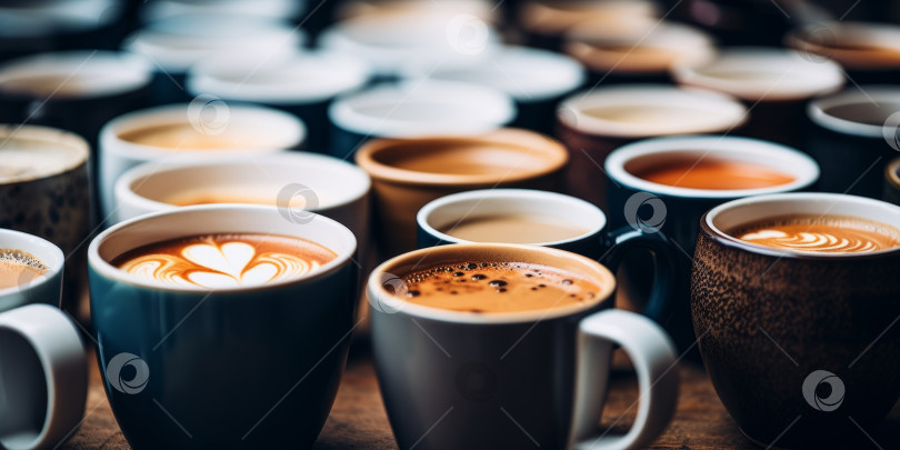 Скачать Крупный план кофейных чашек на столе с разными сортами кофе. Небольшая глубина резкости, выборочный фокус фотосток Ozero