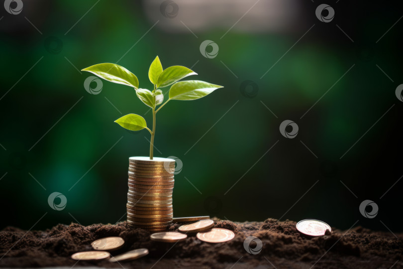 Скачать Выращивание денег - Растение на монетах - Концепция финансов и инвестиций, на фоне зеленых деревьев в размытом виде. Место для копирования фотосток Ozero