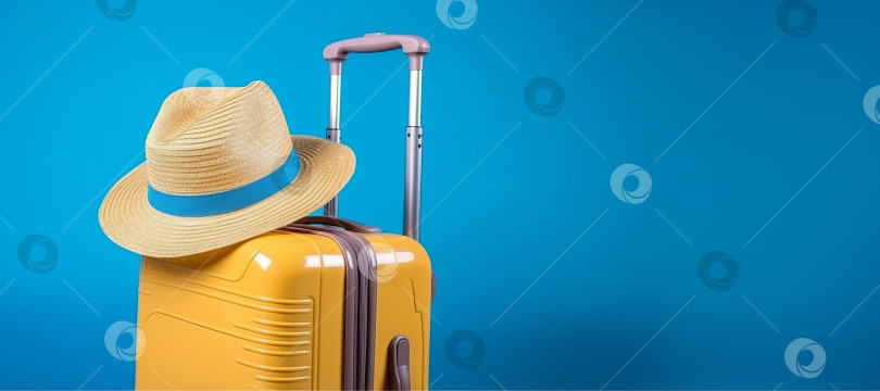 Скачать Желтый чемодан на синем фоне со шляпой на ручке. Концепция путешествия, копирование пространства фотосток Ozero