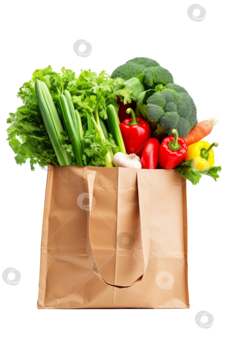 Скачать Бумажный пакет для покупок с большим количеством различных видов продуктов и овощей, выделенных на прозрачном фоне фотосток Ozero