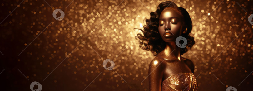Скачать Афроамериканка-модель красоты на праздничном золотом фоне, женщина с красивым макияжем и вьющимися волосами в золотом платье, золотое сияние, праздничное празднование, копи-пространство. фотосток Ozero