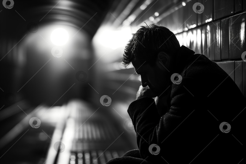 Скачать Депрессия, отчаяние, потеря надежды. Грустный одинокий мужчина, сидящий в темном туннеле дождливой ночью, монохромный портрет сбоку. фотосток Ozero