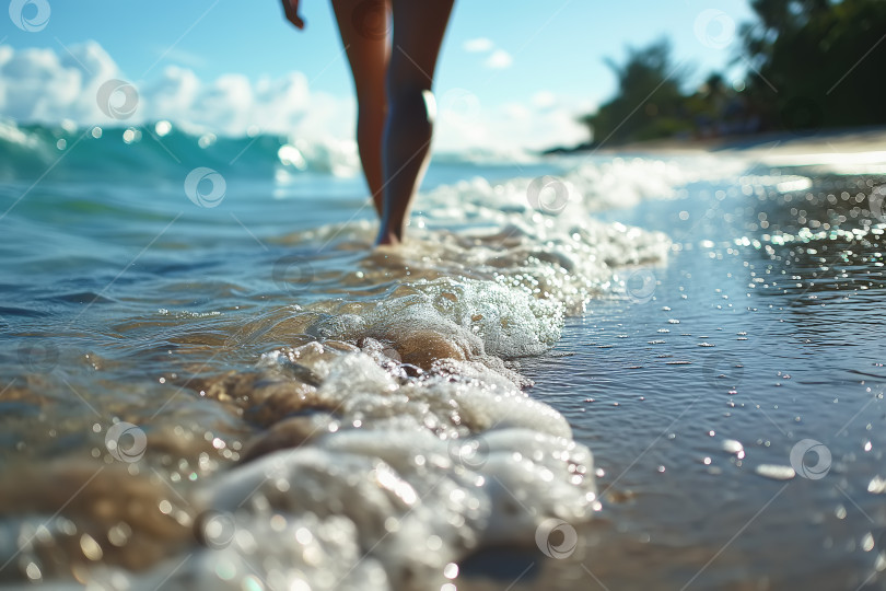 Скачать Крупный план ног стройной женщины, идущей босиком по тропическому морскому пляжу, вид сзади. Отдых, релаксация, каникулы фотосток Ozero