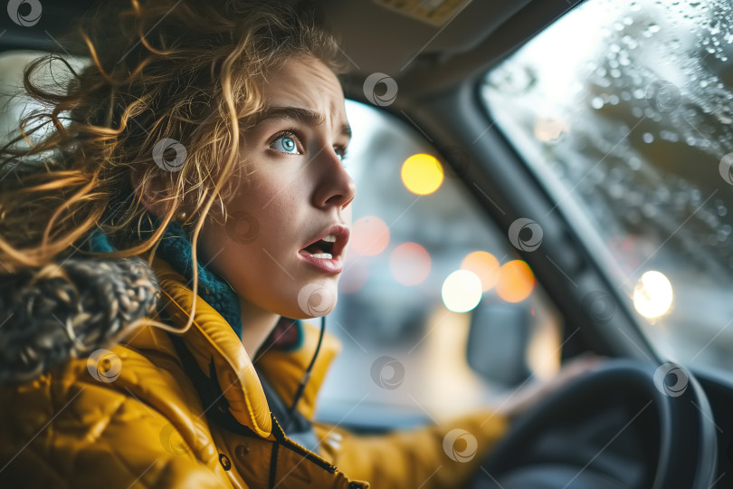 Скачать Взволнованная, испуганная молодая женщина-водитель, управлявшая автомобилем, попавшим в аварию на дороге, смотрела в зеркало заднего вида фотосток Ozero