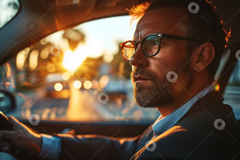 Скачать Сосредоточенный успешный мужчина-водитель средних лет, вид сбоку на серьезного красивого мужчину, ведущего машину и смотрящего в сторону фотосток Ozero