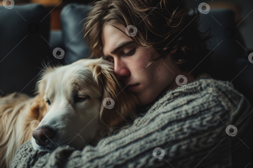 Скачать Грустный мужчина обнимает собаку, сидя дома в закрытом помещении. Психологическая мужская проблема, одиночество, депрессия фотосток Ozero