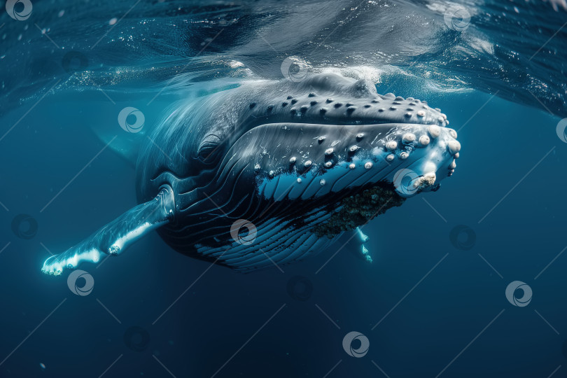 Скачать Большой синий кит плавает в океане фотосток Ozero