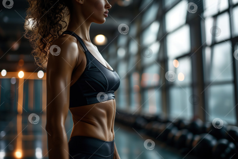 Скачать Вид сбоку на тело стройной красивой женщины-спортсменки, фитнес-модели, стоящей в тренажерном зале. Похудение, тренировка фотосток Ozero