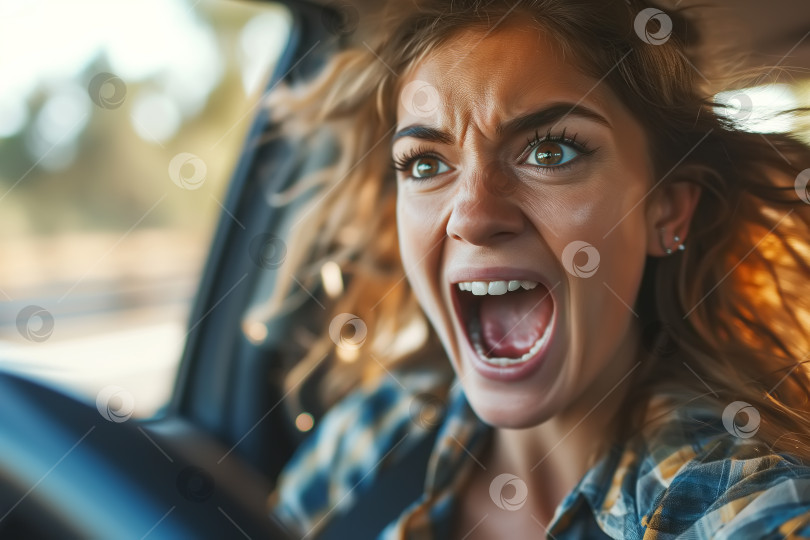 Скачать Дорожно-транспортное происшествие, женщина-водитель кричит в панике. Крупный план молодой женщины за рулем автомобиля, эмоции шока и страха на лице фотосток Ozero