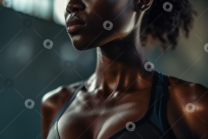 Скачать Крупный план сисек и шеи афроамериканки-спортсменки в помещении, спортивная мотивация фотосток Ozero