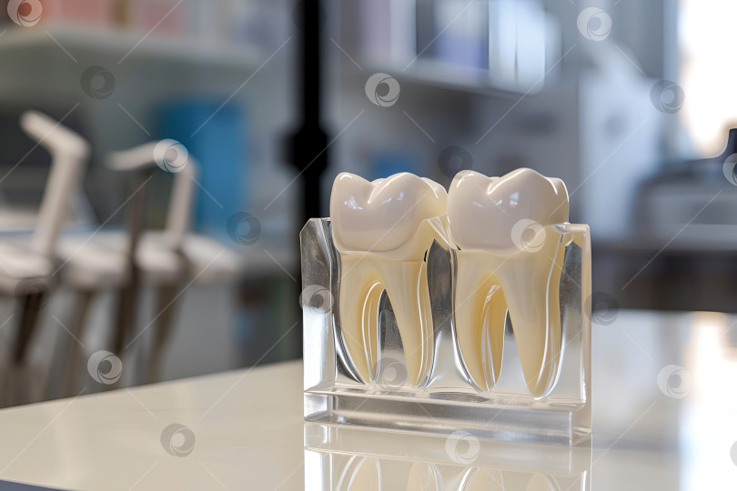 Скачать 3D-модели зубов на стойке клиники, анатомия зубов. Две точные копии зубов в кабинете стоматолога для образовательных демонстраций. Анатомические модели зубов в профессиональной среде, уход за полостью рта фотосток Ozero