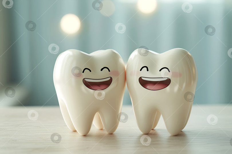 Скачать Пара смеющихся зубов, рекламная акция для стоматологов. Два счастливых 3D зуба на светящемся фоне, успокаивающая атмосфера в стоматологии. Веселые зубы на светлом фоне, символ положительного стоматологического опыта фотосток Ozero