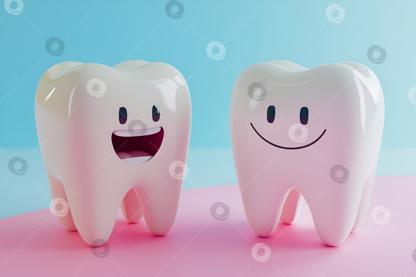 Скачать Милые улыбающиеся 3D-модели зубов на цветном фоне. Мультяшные персонажи с веселыми выражениями лиц на пастельном фоне, реклама стоматологических услуг, пропагандирующая веселую гигиену полости рта фотосток Ozero
