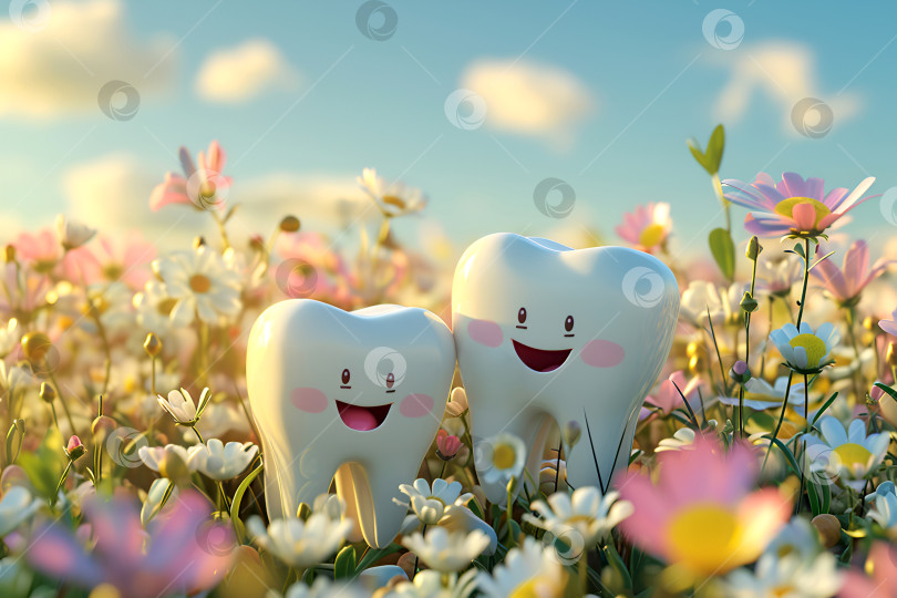 Скачать Две счастливые 3D-модели зубов среди весенних цветов. Веселые мультяшные зубы наслаждаются весенним цветением, свежим дыханием весны. Зубные персонажи в поле цветов, уход за полостью рта, весенняя стоматологическая кампания фотосток Ozero