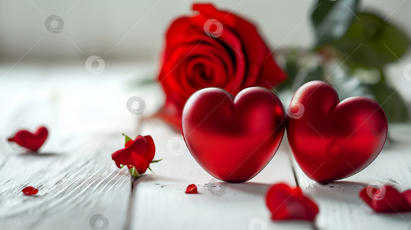 Скачать Два красных сердца с яркой розой на белом деревянном фоне, день Святого Валентина. Символические красные сердца и одинокая роза, оформление Дня Святого Валентина. Романтические красные сердца и роза с лепестками, концепция любви фотосток Ozero