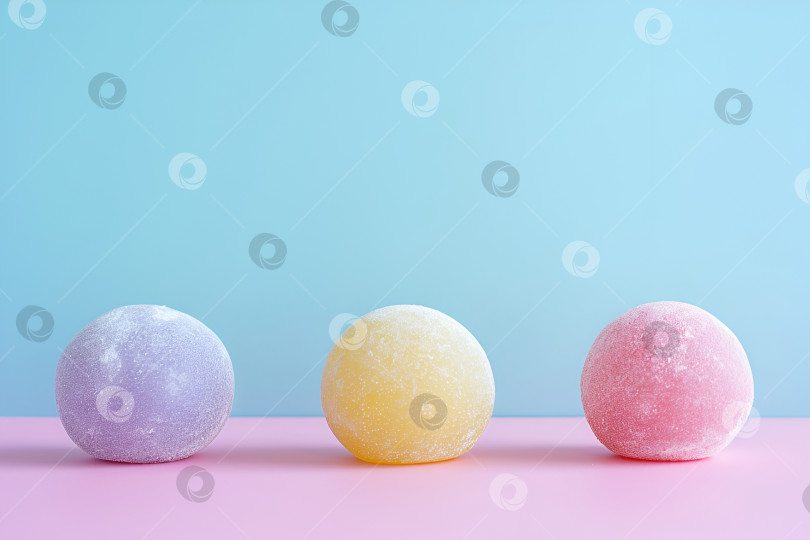 Скачать Пастельные шарики моти на цветном фоне, конфетные цвета, игривый рекламный баннер. Разноцветные моти, розовые и голубые, восхитительная сладкая еда. Яркое трио моти, пастельный градиент, сладкий фотосток Ozero