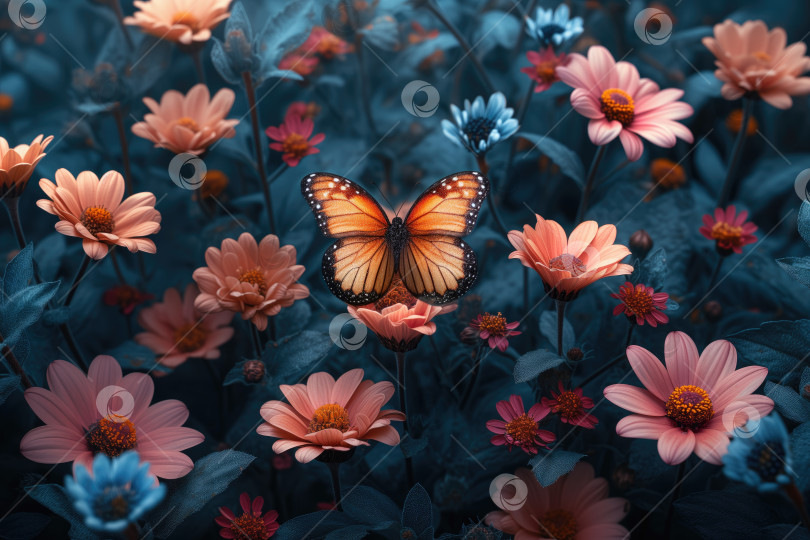 Скачать естественный фон, бабочка среди цветов на темном лугу фотосток Ozero