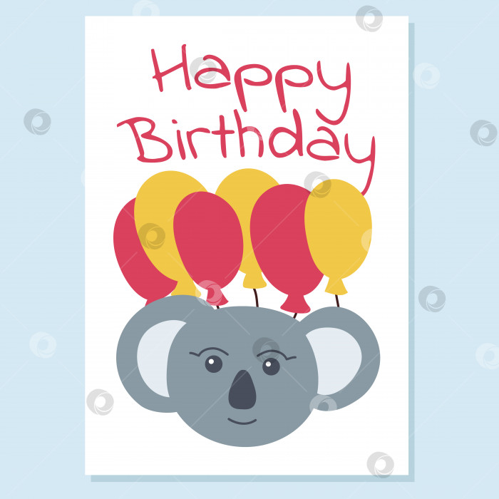 Скачать Иллюстрация с коалой и шариками. Поздравительная открытка на день рождения. Стиль каракулей. Сообщение с Днем рождения. Векторная иллюстрация фотосток Ozero
