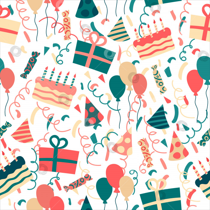 Скачать Бесшовный яркий узор из атрибутов дня рождения - подарков, шляпок, торта, крекеров. Стиль каракулей. Векторная иллюстрация фотосток Ozero